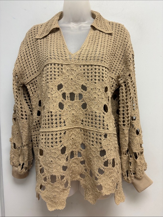 Soft Surroundings Sweaters - Soft Surroundings Crochet Open Knit Sweater Taupe Boho Collared Pullover XS